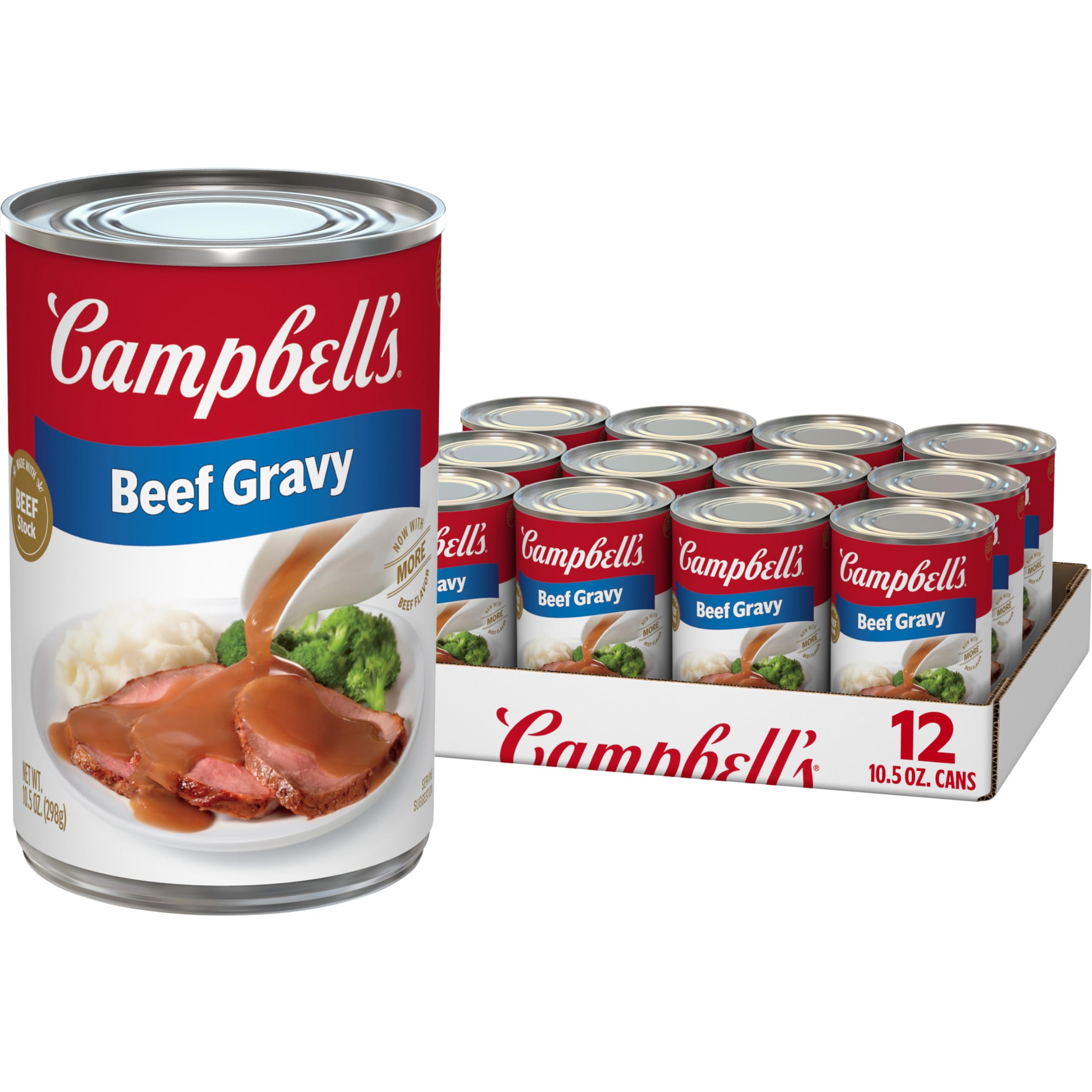 Campbell's Beef Gravy 12-pack cans on display for easy family meals.