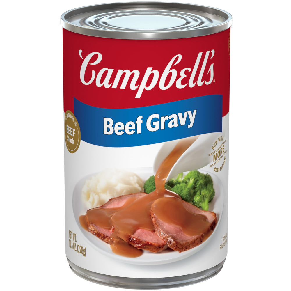 Campbell's Beef Gravy can front view showing easy heat and comforting flavor.