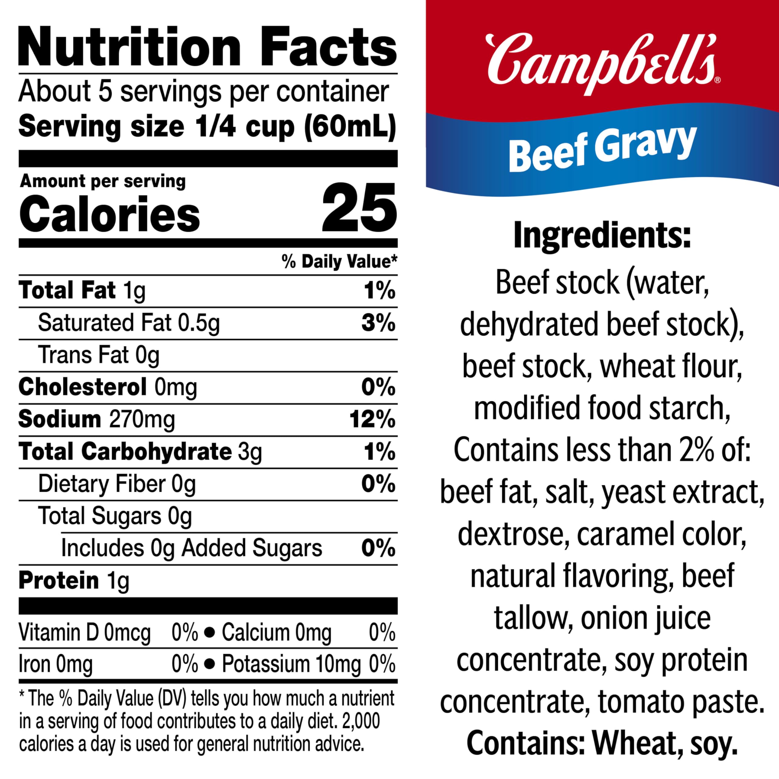 Close view of Campbell's Beef Gravy can label highlighting real beef stock.