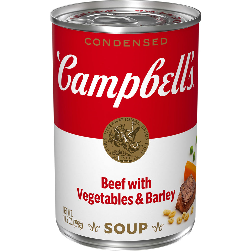 Campbell's beef soup can front view showing the product and branding.