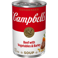 Campbell's beef soup can front view showing the product and branding.