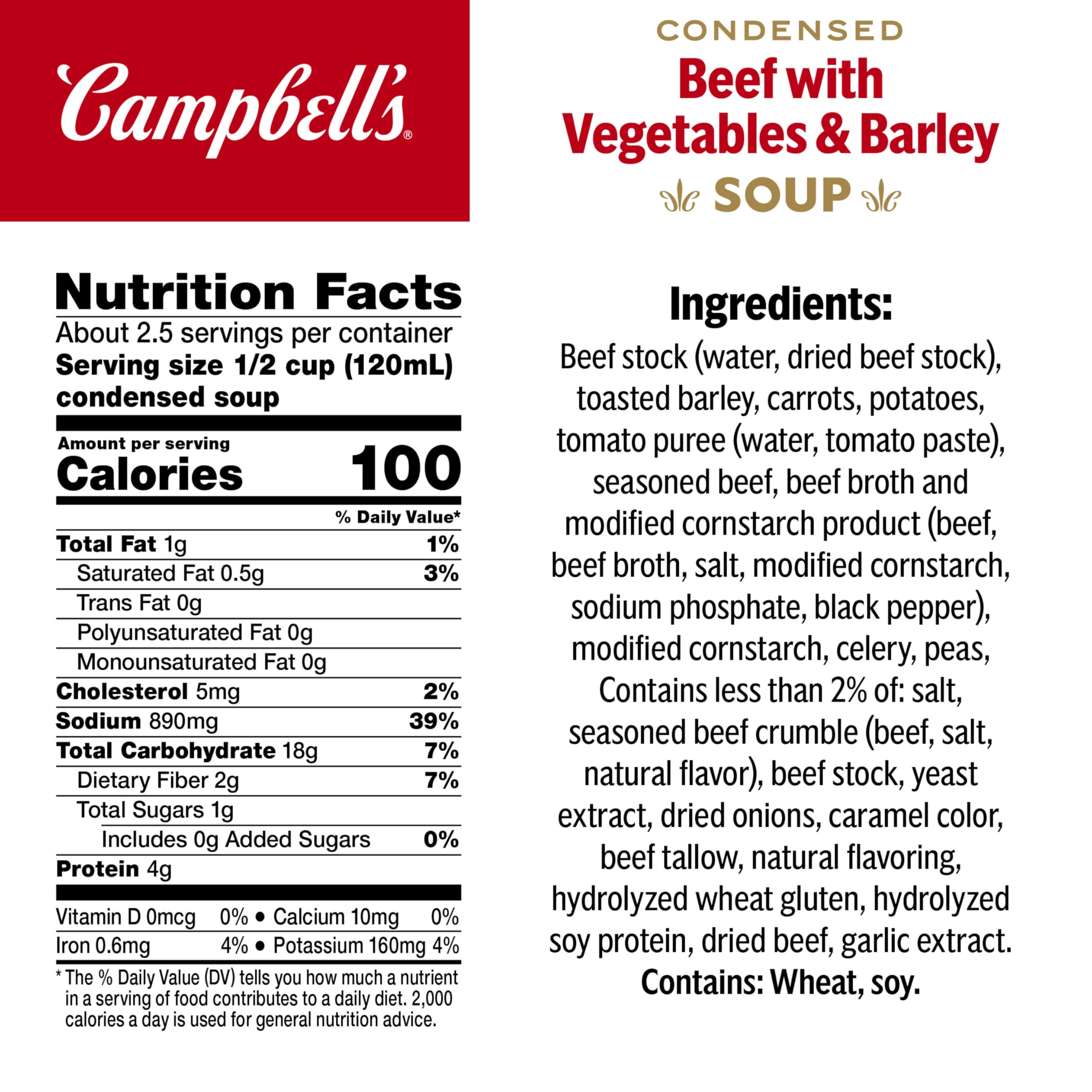 Close-up of Campbell's Beef Soup ingredients: beef, carrots, peas, barley.