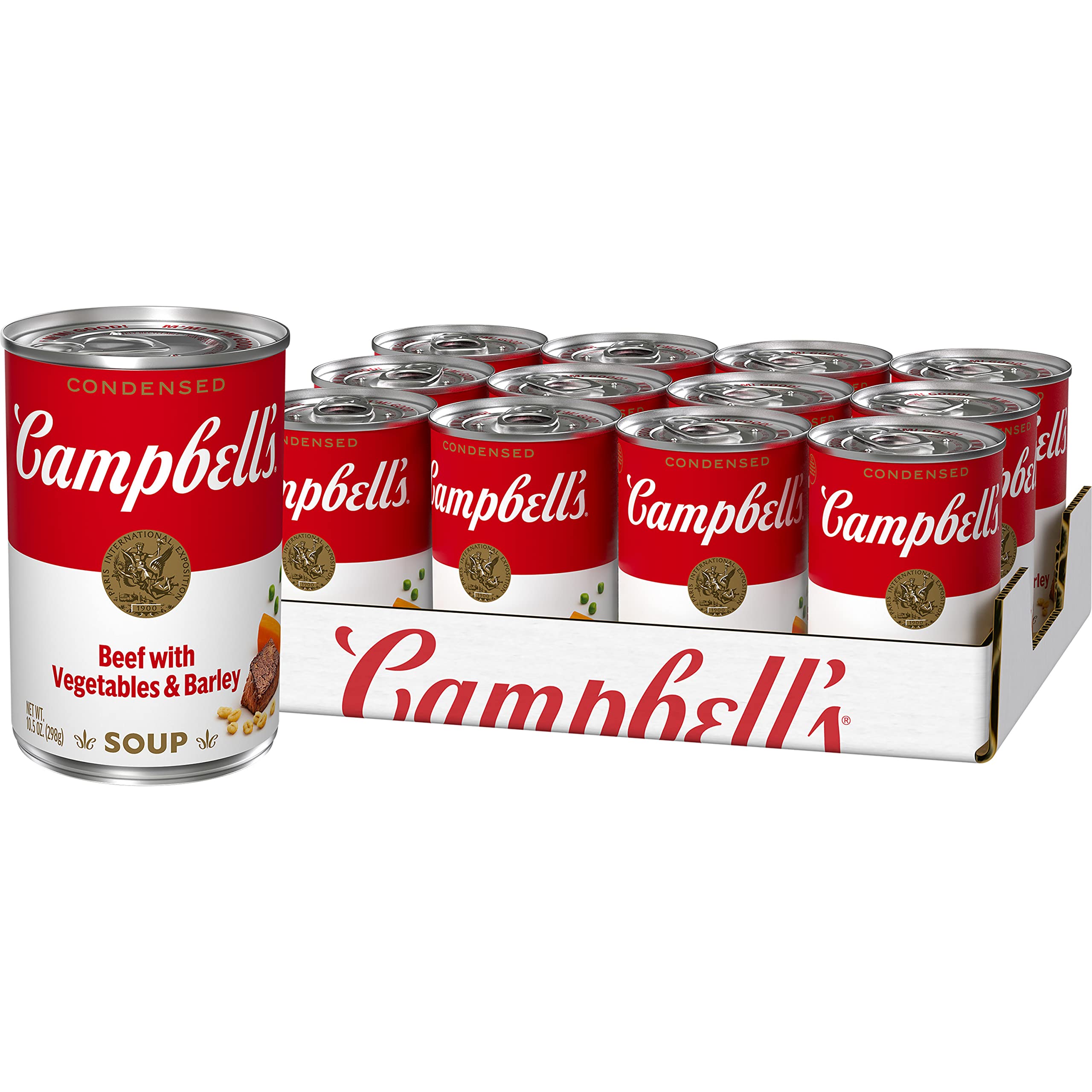 Campbell’s Beef Soup with Vegetables and Barley in cans ready for quick warmth