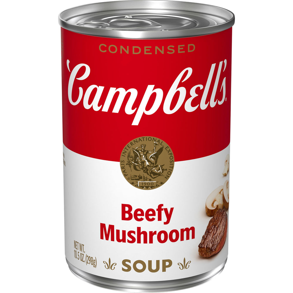 Campbell's Beefy Mushroom Soup can front, a cozy pantry staple for quick meals.
