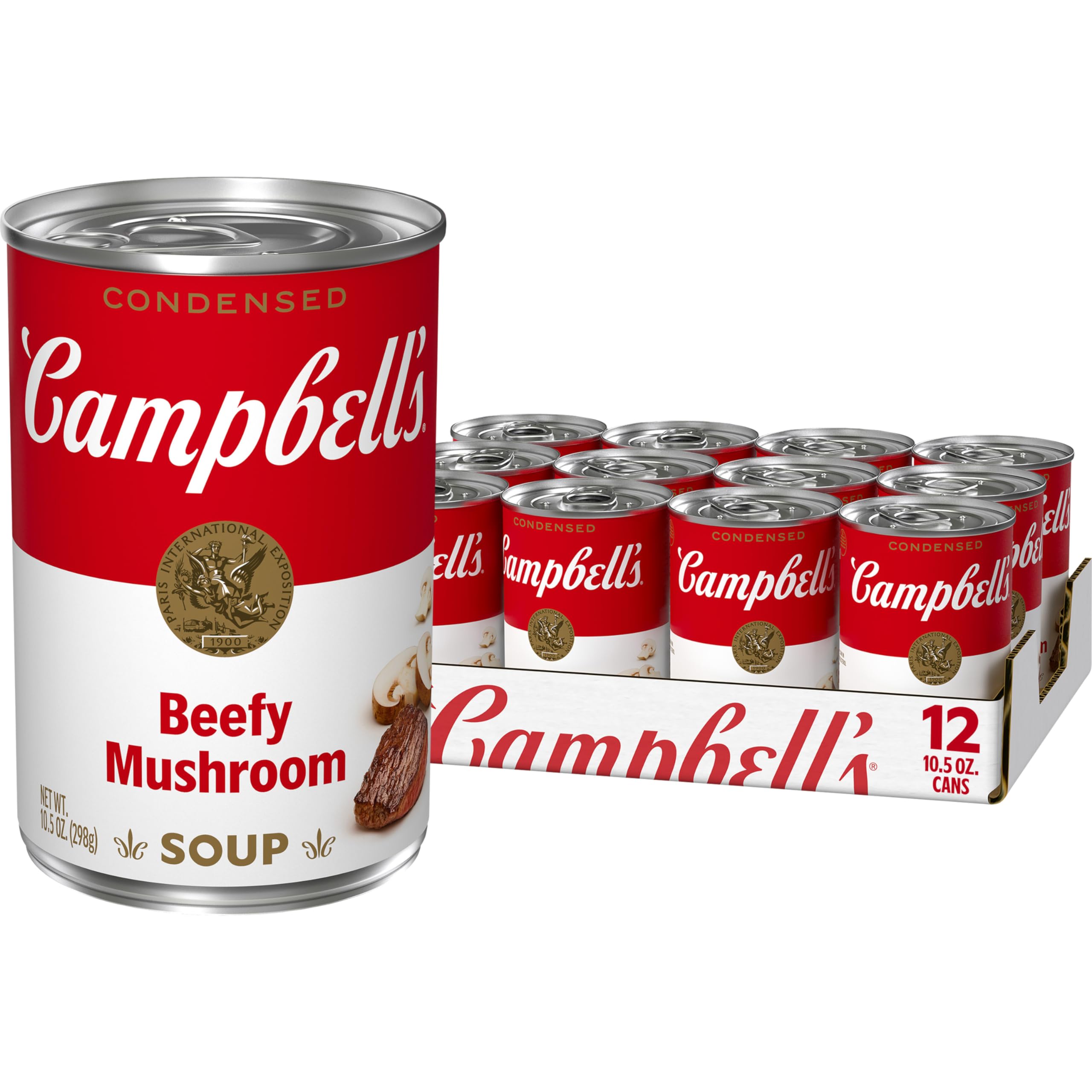 Campbell's Beefy Mushroom Soup can on shelf, ideal for quick weeknight dinners