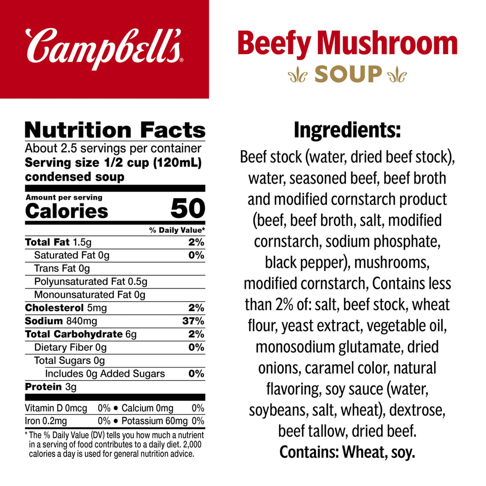 Campbell's Beefy Mushroom Soup ingredients closeup highlights beef stock and mushrooms for rich flavor.