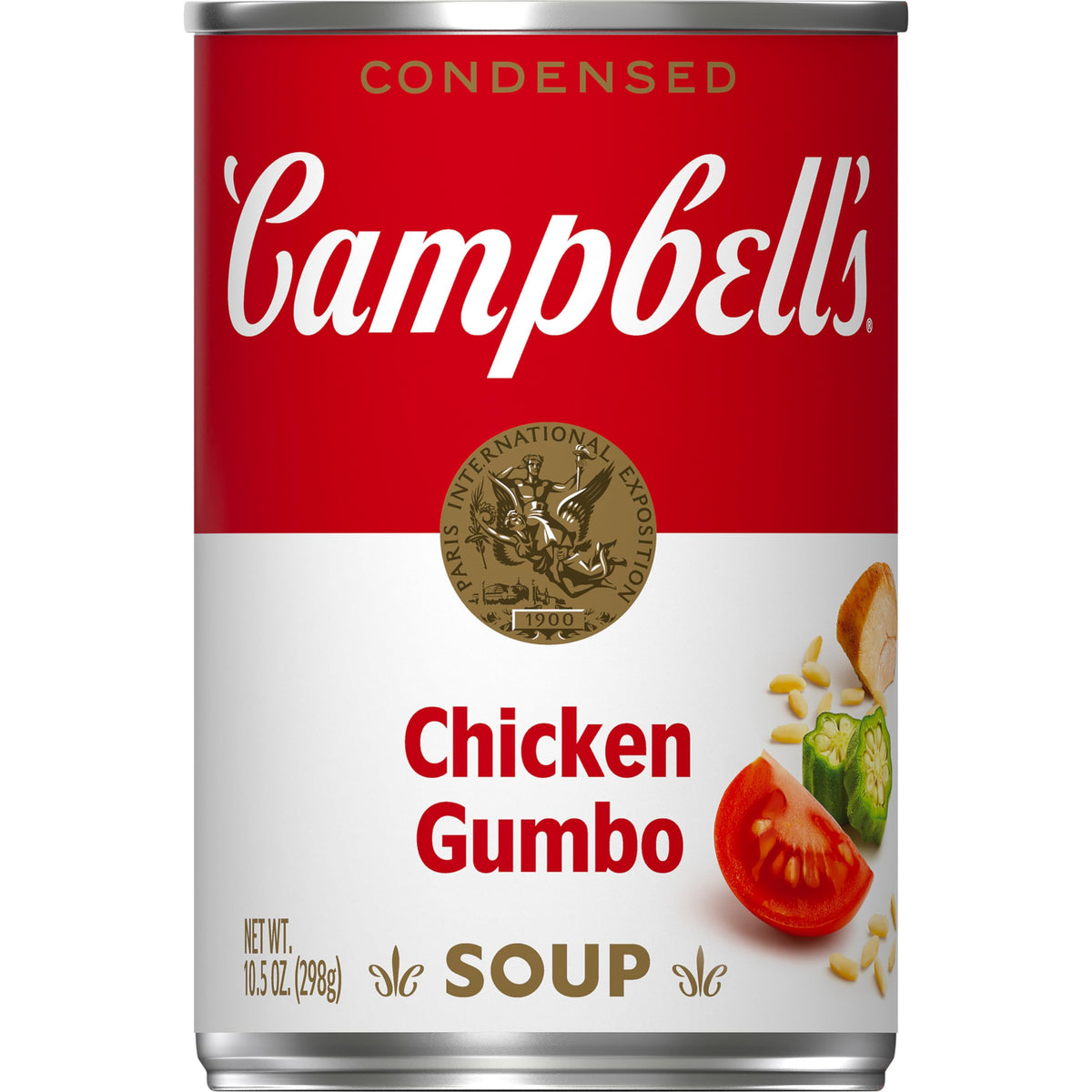 Campbell's Chicken Gumbo Soup can on pantry shelf offers quick weeknight dinner.