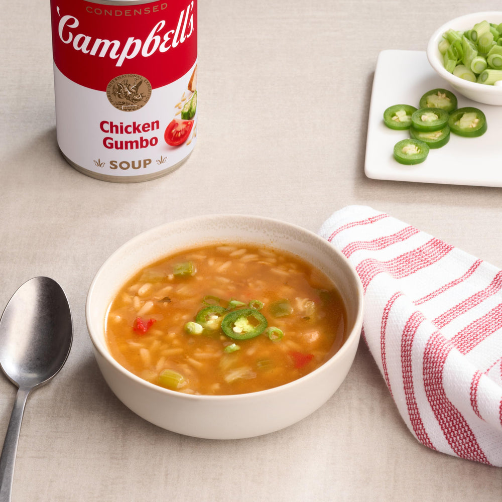Campbell's Chicken Gumbo ingredients show rice, chicken, okra, celery, peppers.