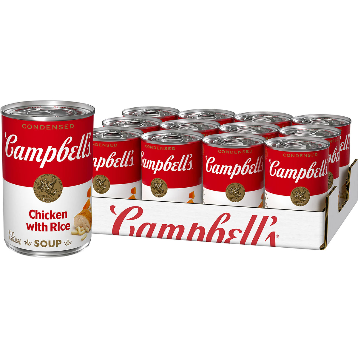Campbell's Chicken and Rice soup can on a pantry shelf, a convenient pantry staple.