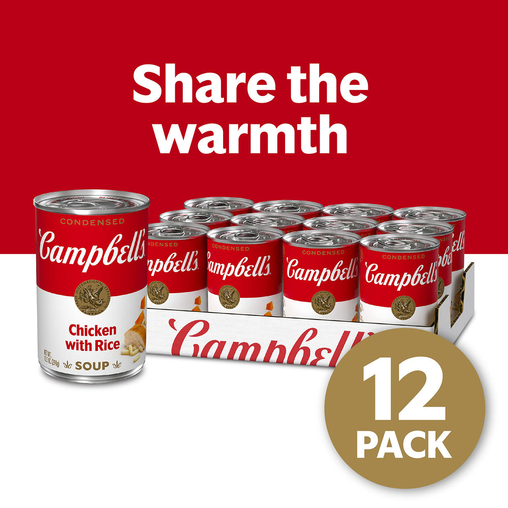 Close-up of Campbell's Chicken and Rice ingredients showing chicken, rice, and carrots.