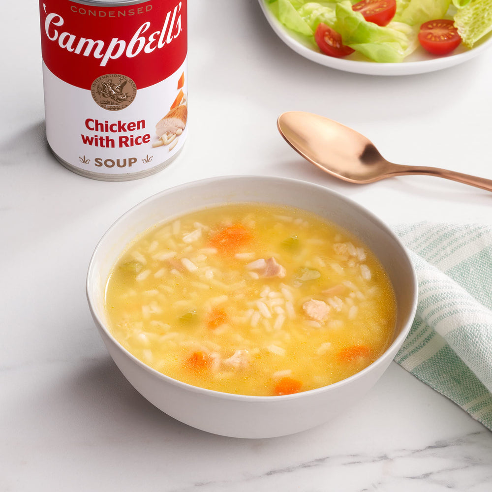Close-up of Campbell's Chicken and Rice label, showing non-BPA lining.