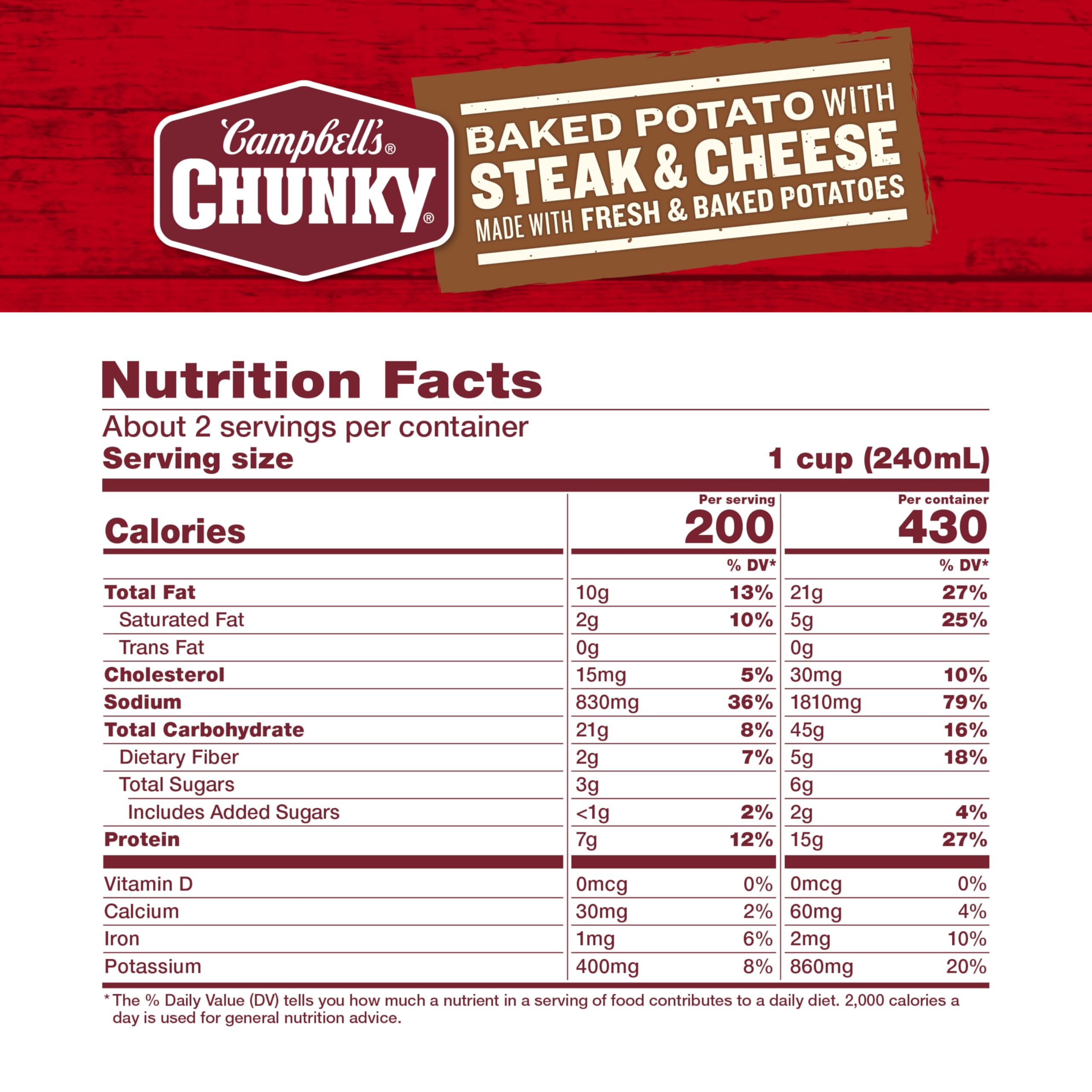 Campbell's Chunky Baked Potato with Steak and Cheese soup highlights potato chunks for a quick, comforting bite