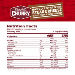 Campbell's Chunky Baked Potato with Steak and Cheese soup highlights potato chunks for a quick, comforting bite