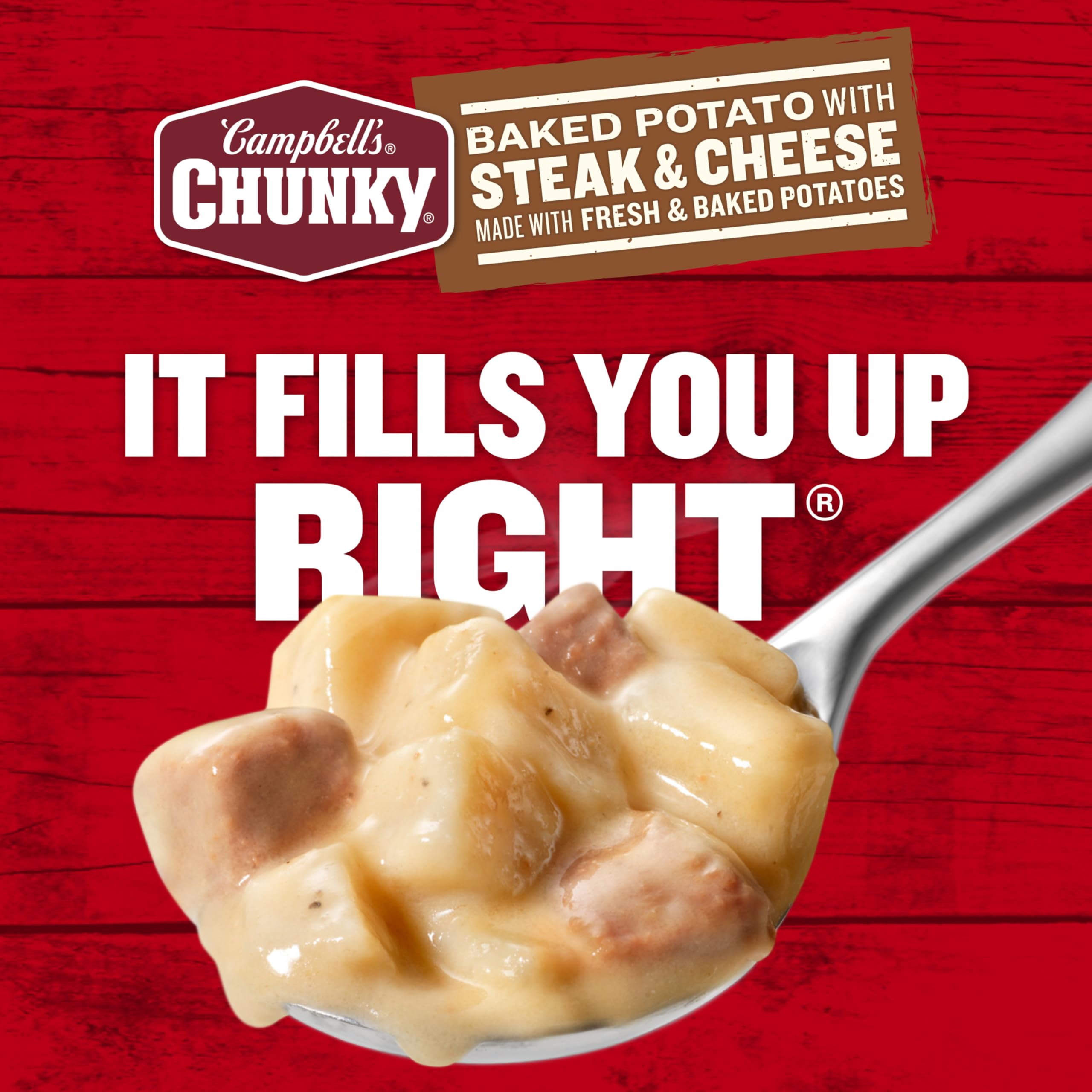 Campbell's Chunky Baked Potato with Steak and Cheese soup suitable for campfire heating during outdoor trips