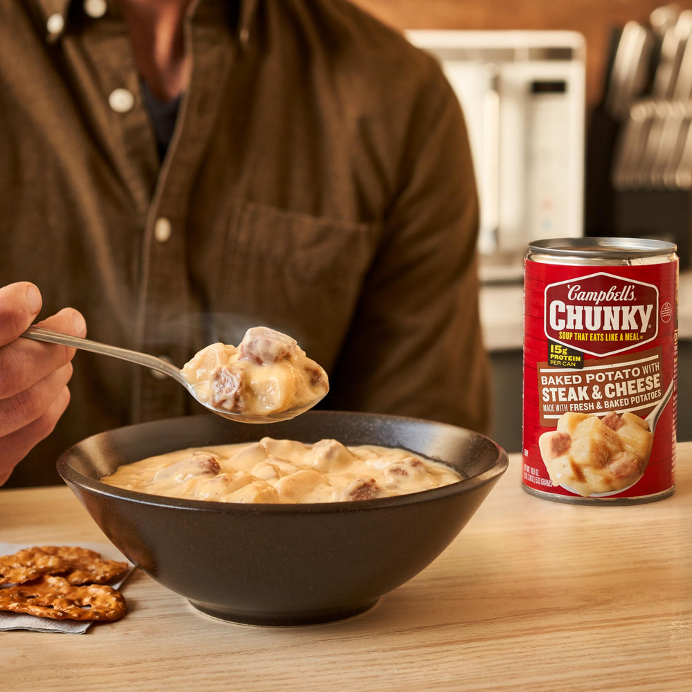 Campbell's Chunky Baked Potato with Steak and Cheese soup is microwave-ready for fast meals