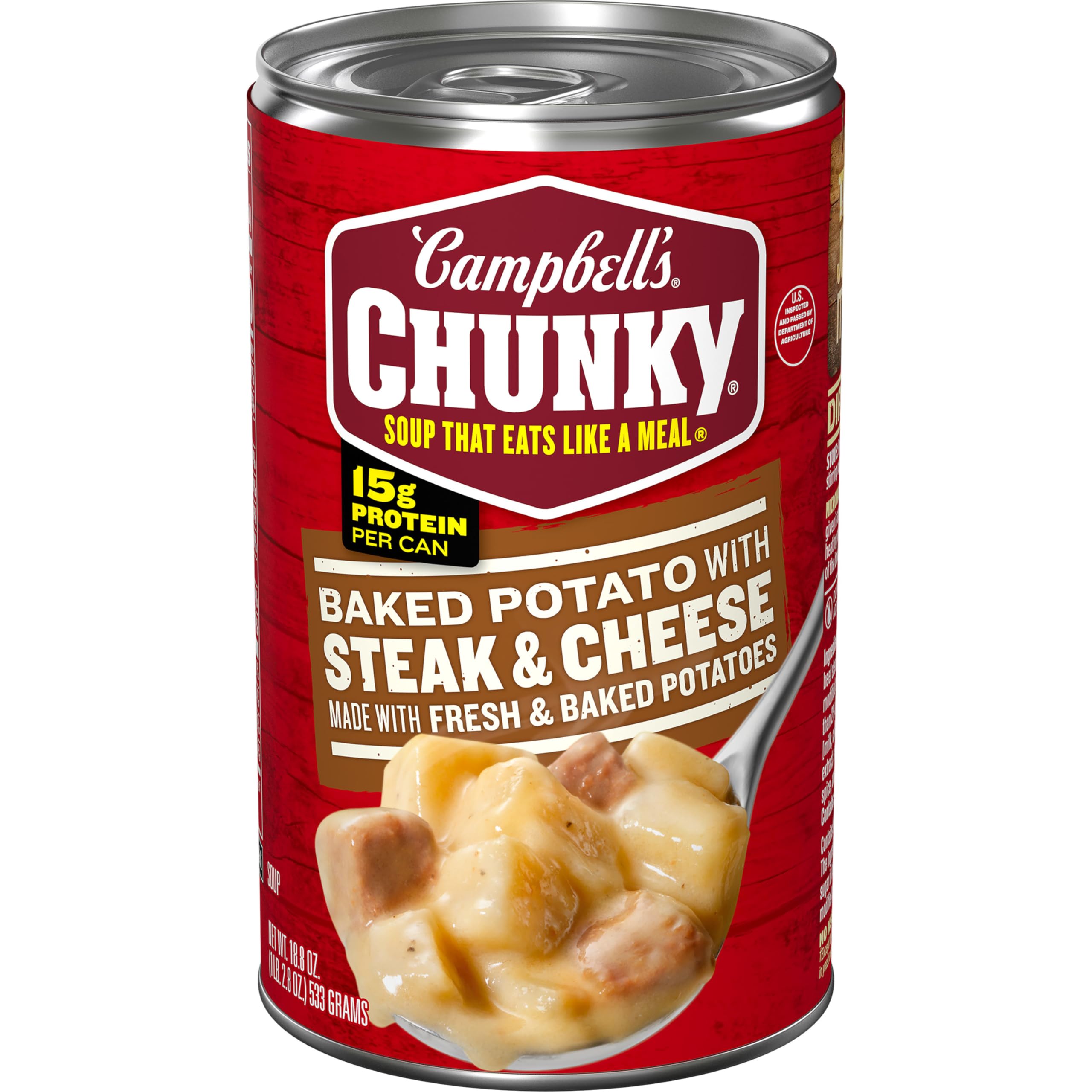 Campbell's Chunky Baked Potato with Steak and Cheese soup can shows hearty potato-steak-cheese combination for a substantial meal