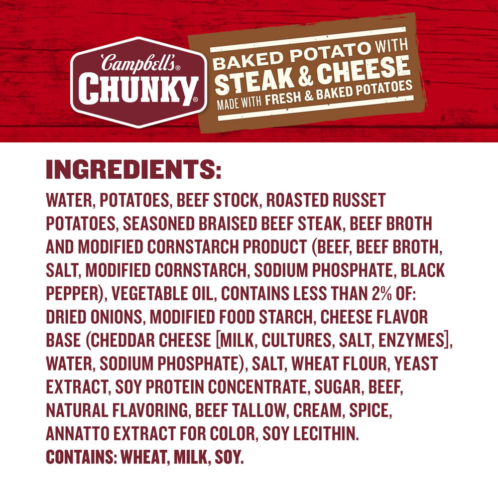 Campbell's Chunky Baked Potato with Steak and Cheese soup features steak pieces for protein-rich tasting notes