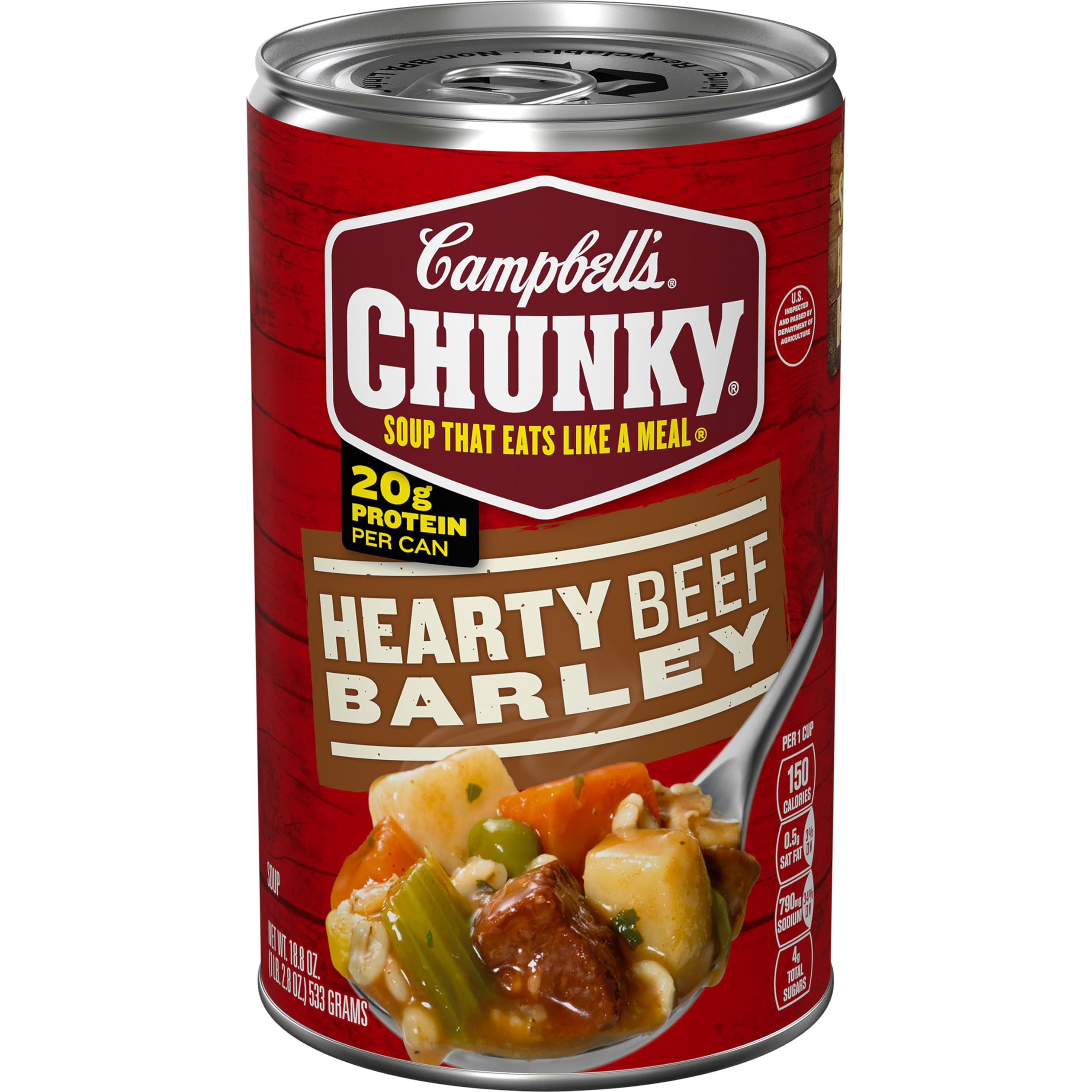 Campbell's Chunky Beef Barley Soup can in 18.8 oz size for a filling, ready meal