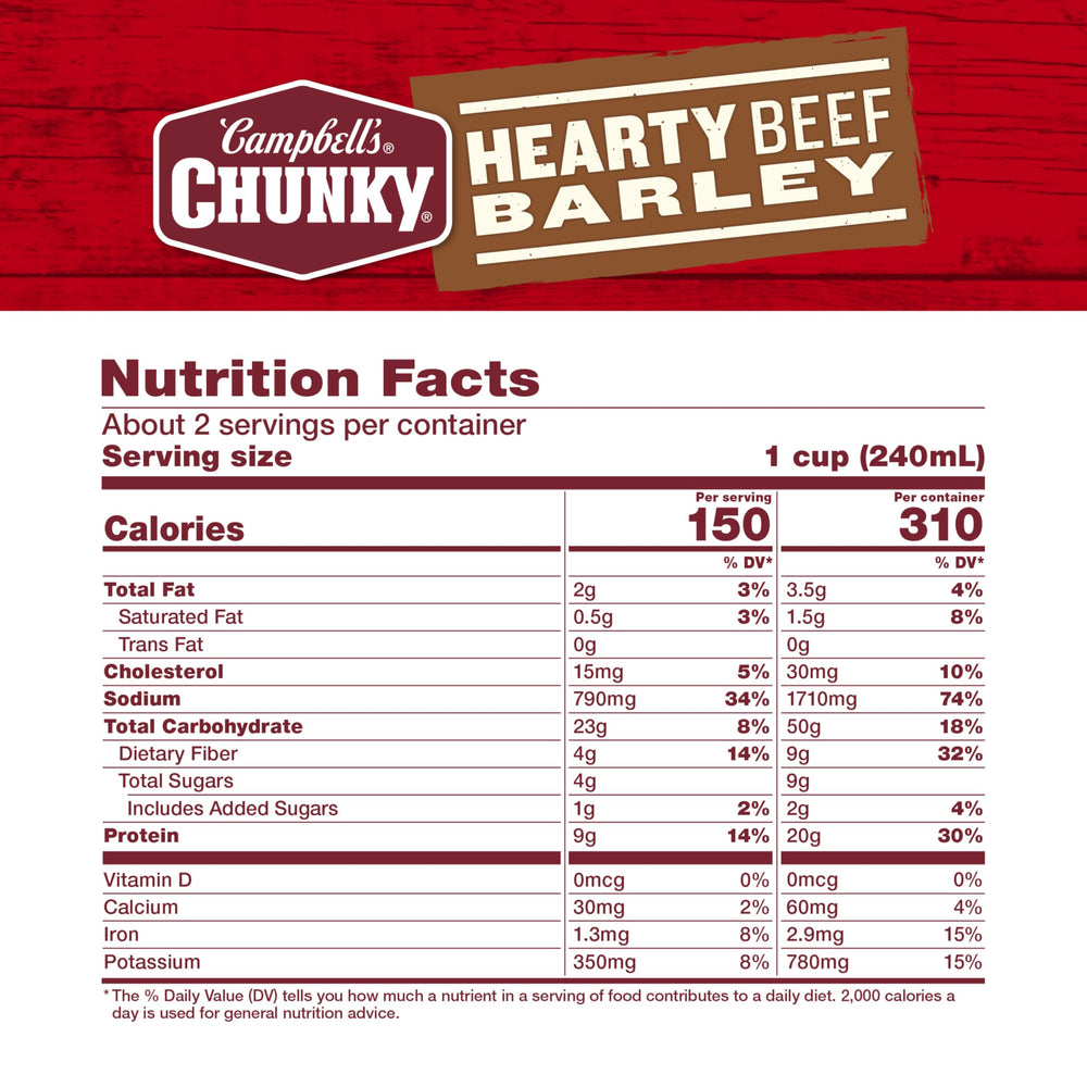 Close-up of Campbell's Chunky Beef and Barley ingredients showing beef, carrots, and barley.