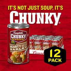 Campbell's Chunky Beef Barley Soup steaming in a microwave-safe bowl.