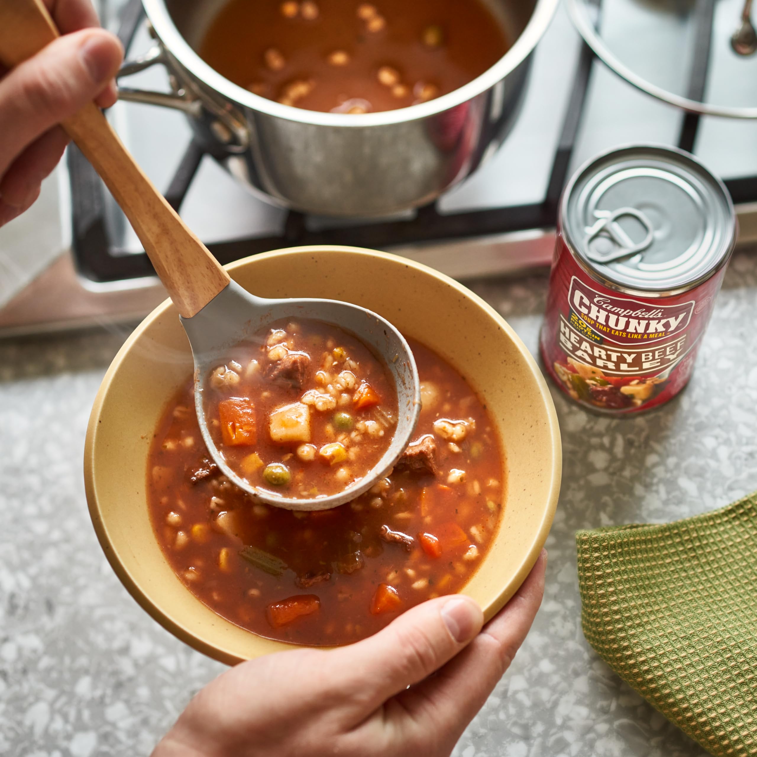 Serving Campbell's Chunky Beef Barley Soup in a ready-to-eat bowl.