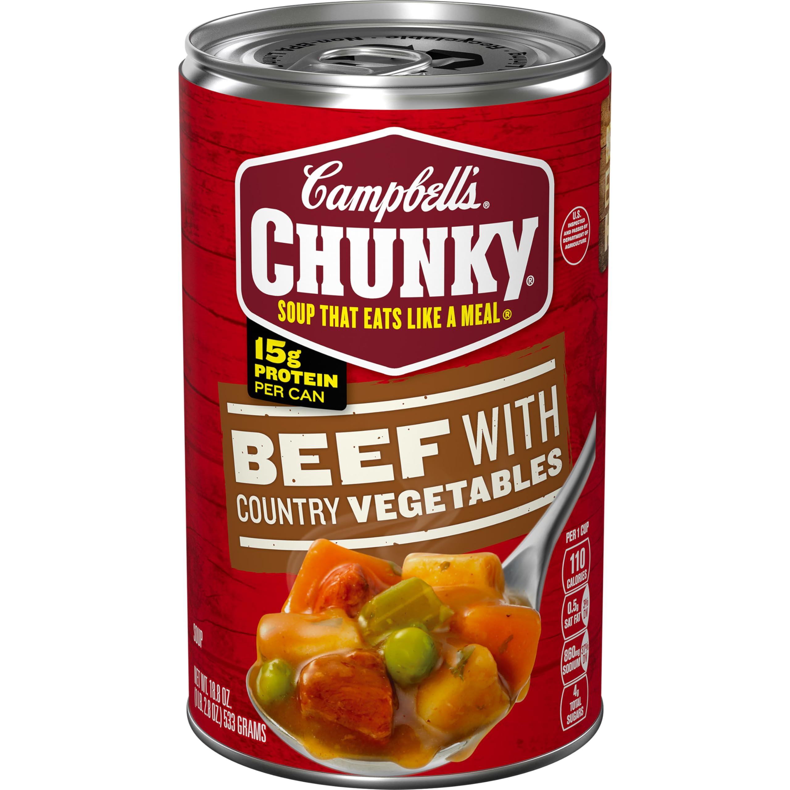 Campbell's Chunky Beef Soup 18.8 oz can with country vegetables, ready to heat for a hearty meal.