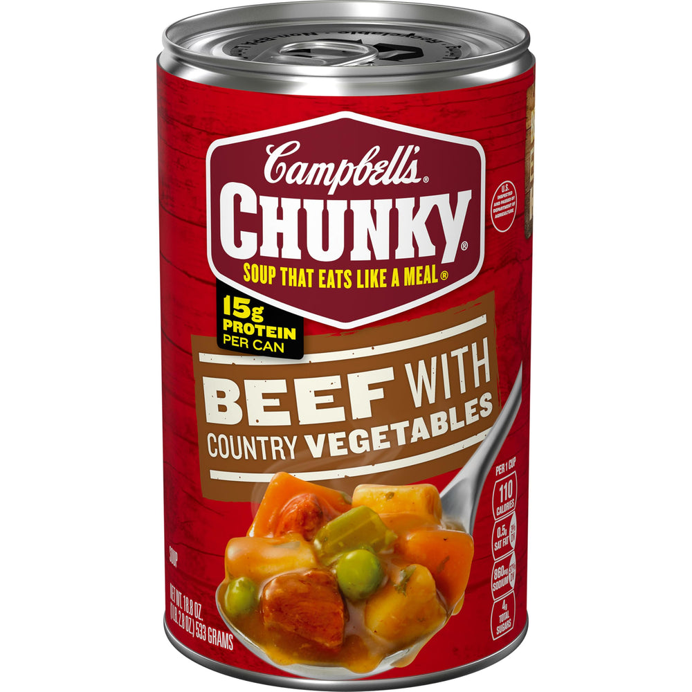 Campbell's Chunky Beef Soup 18.8 oz can with country vegetables, ready to heat for a hearty meal.