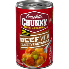 Campbell's Chunky Beef Soup 18.8 oz can with country vegetables, ready to heat for a hearty meal.
