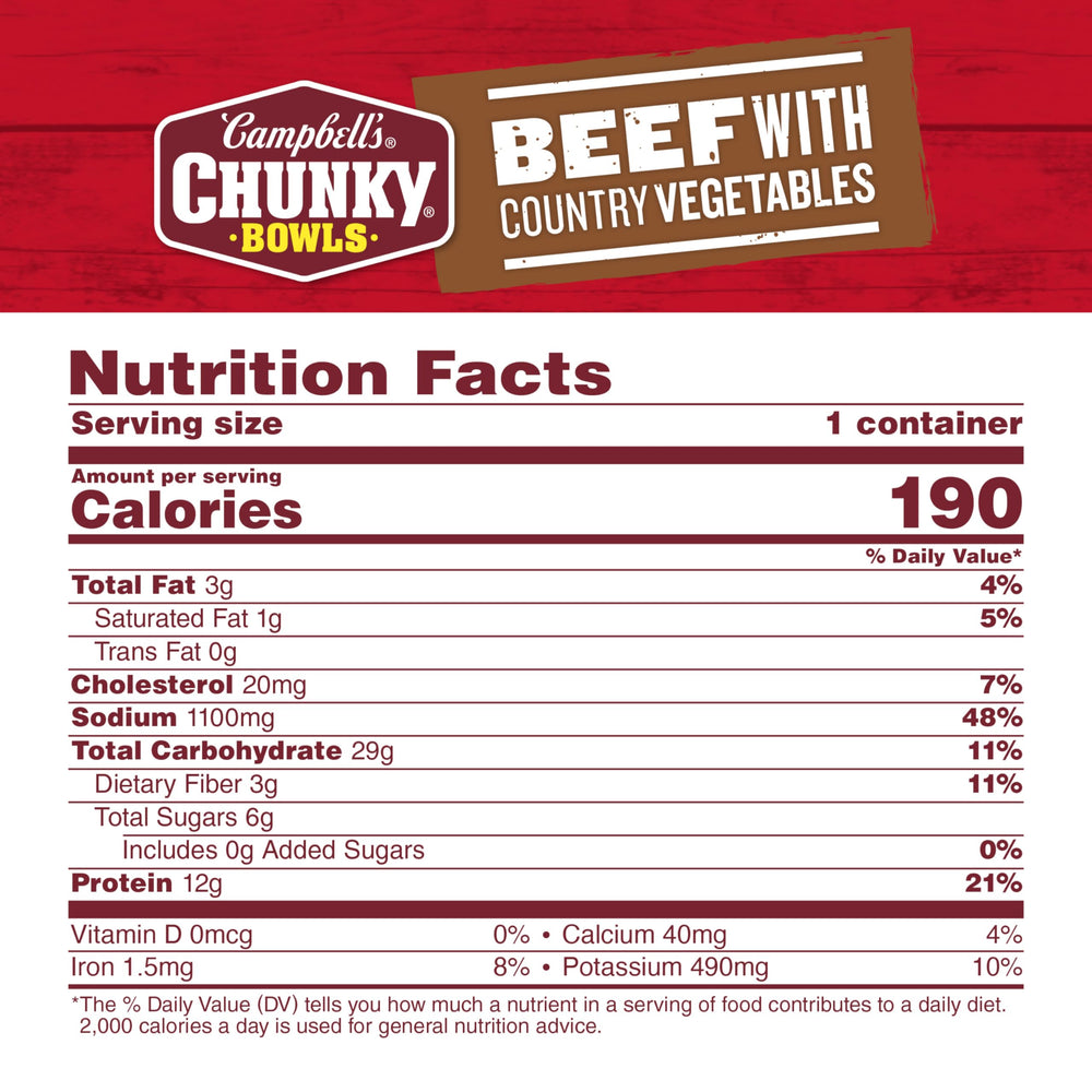 Big beef chunks and hearty veggies in Campbell's Chunky Beef Soup deliver satisfying warmth.