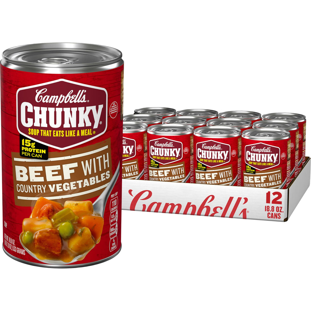 Campbell's Chunky Beef Soup with Country Vegetables shows beef chunks for a hearty meal