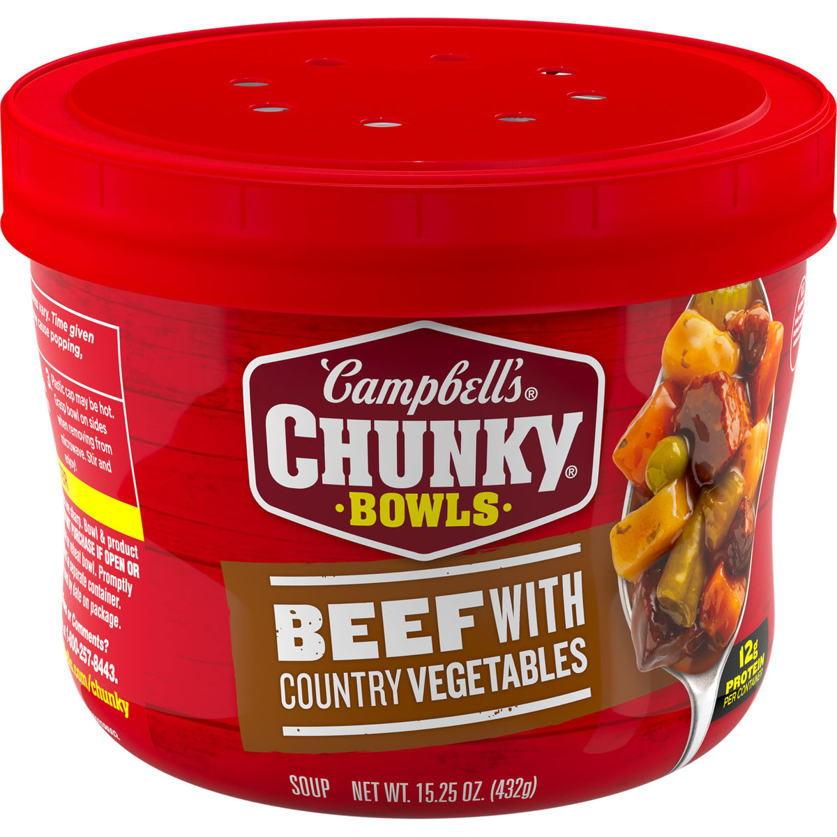 Campbell's Chunky Beef Soup with country vegetables in a microwaveable bowl; hearty flavor, quick warmth.