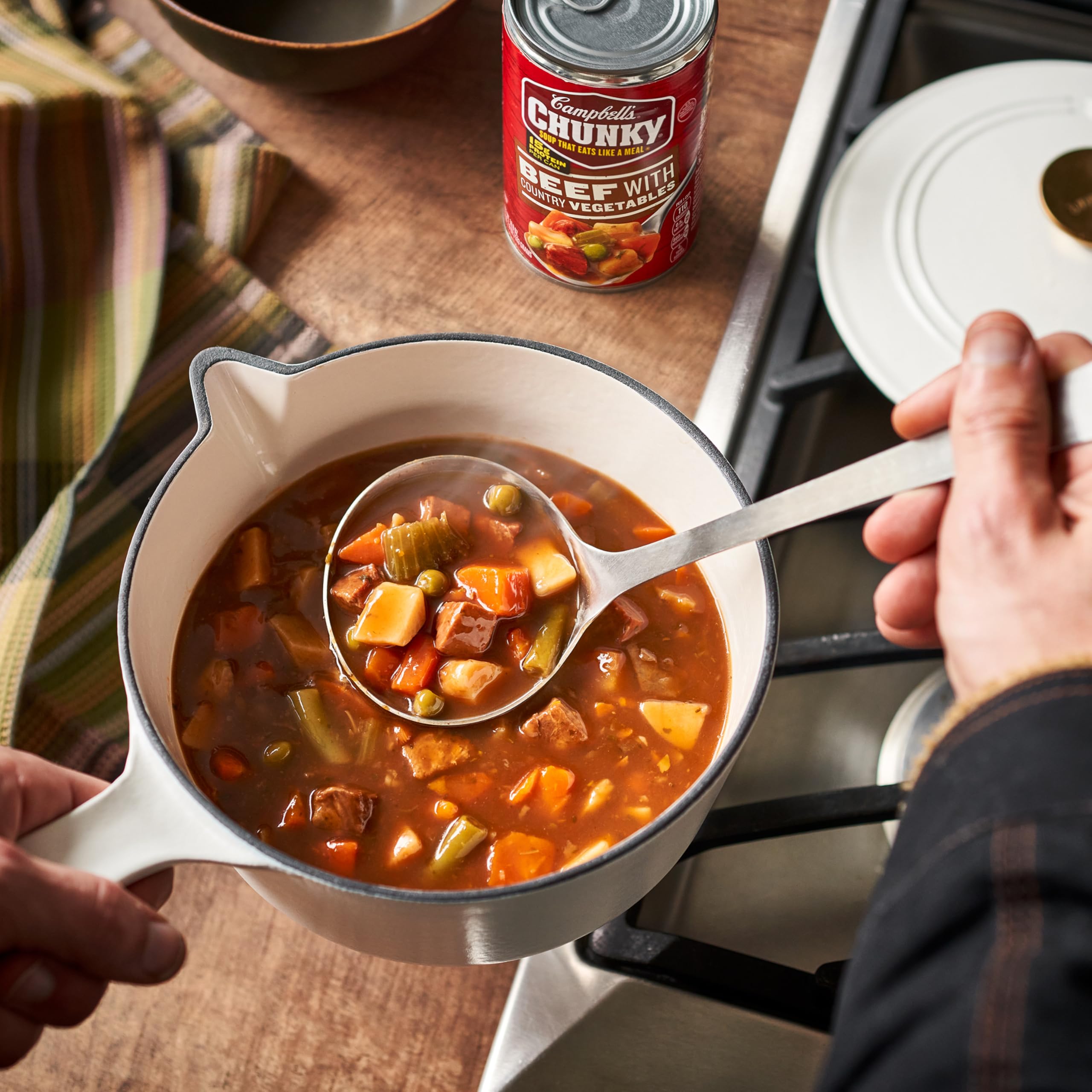 Microwavable Campbell's Chunky Beef Soup heats fast in minutes.