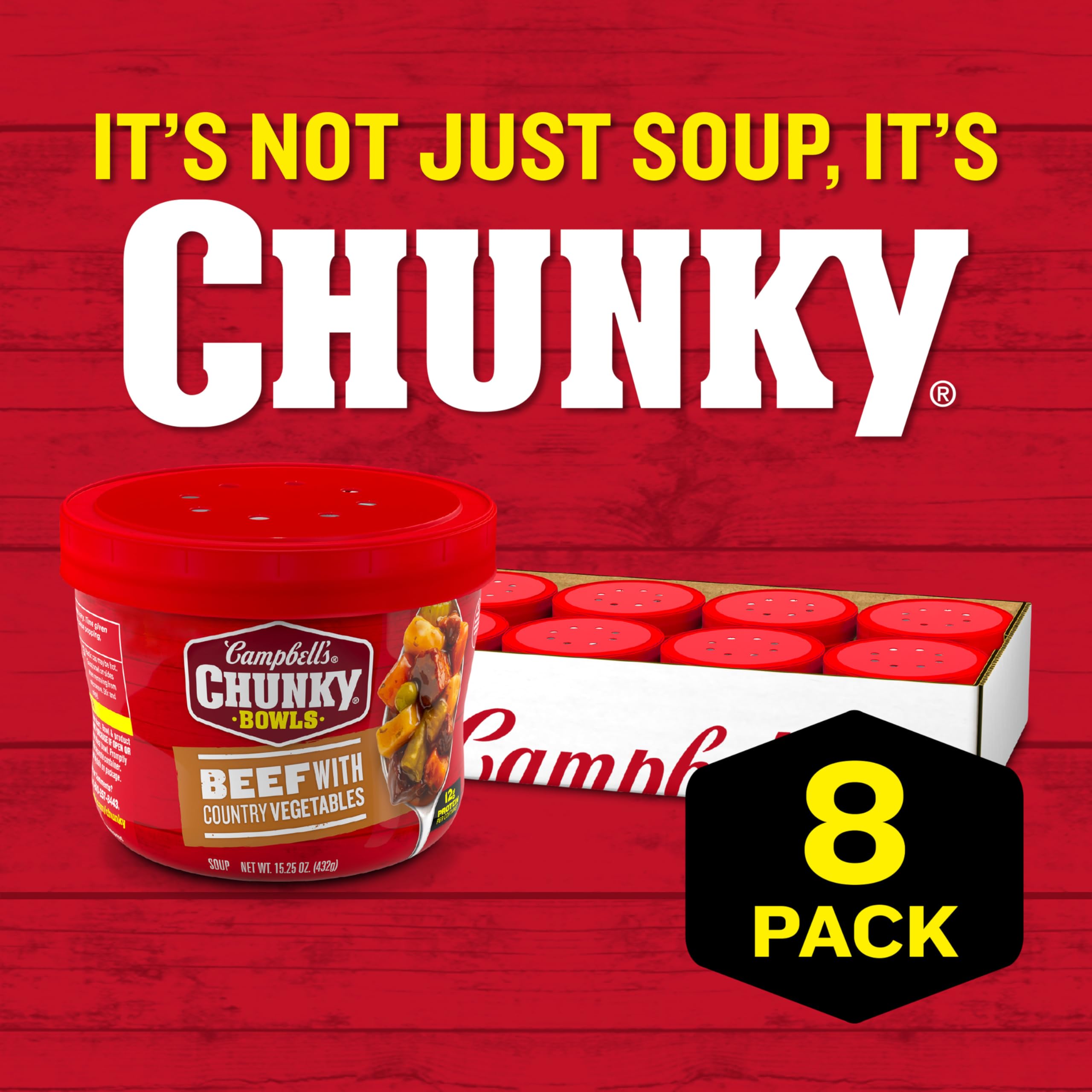 Campbell's Chunky beef soup vegetables close-up with carrots, potatoes, and peas for hearty texture.