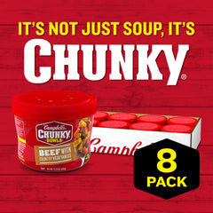 Campbell's Chunky beef soup vegetables close-up with carrots, potatoes, and peas for hearty texture.