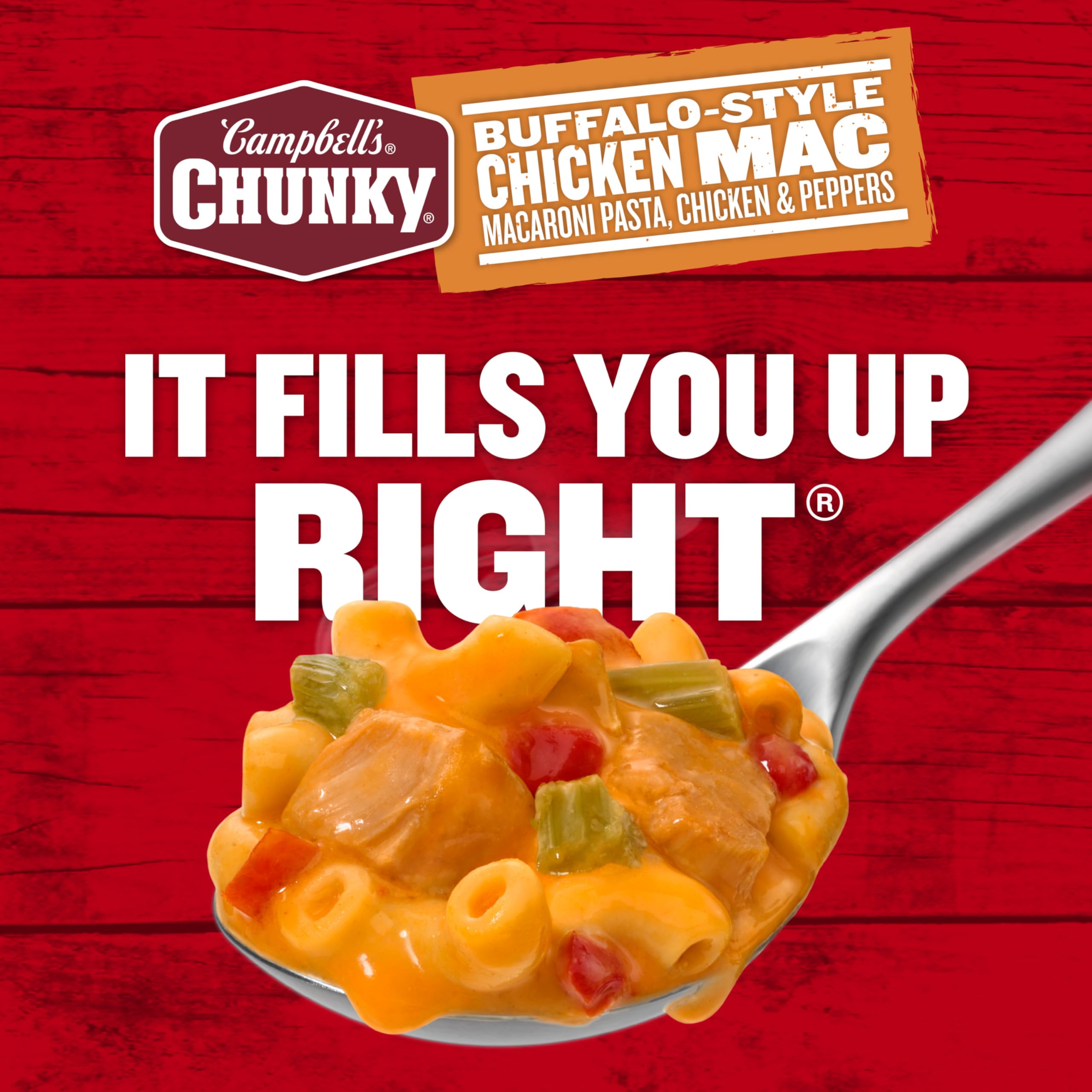 Campbell’s Chunky Buffalo-Style Chicken Mac Soup cheese swirl highlights creamy texture.