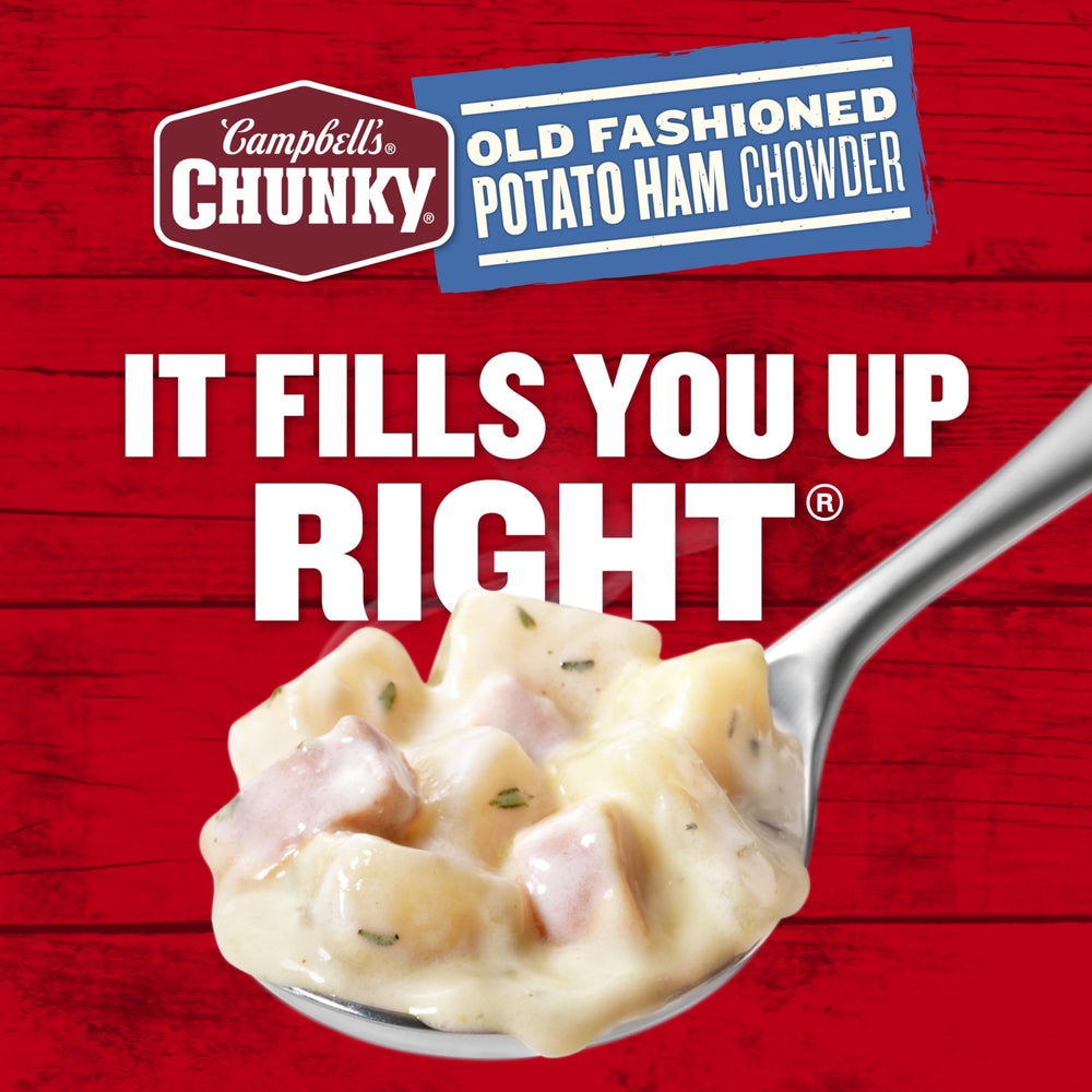 Campfire-friendly Campbell's Chunky chowder in a can for outdoor warmth.