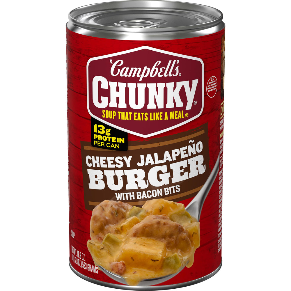 Campbell's Chunky Cheesy Jalapeño Burger with Bacon Bits soup in a bowl, hearty meal ready fast