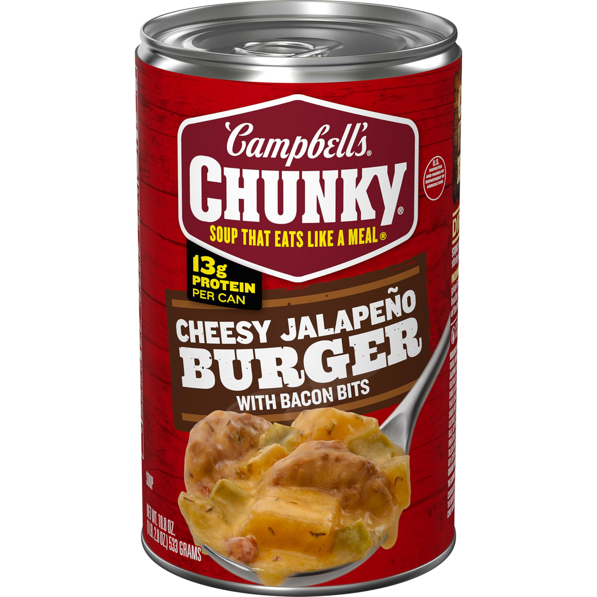 Campbell's Chunky Cheesy Jalapeño Burger with Bacon Bits soup in a bowl, hearty meal ready fast