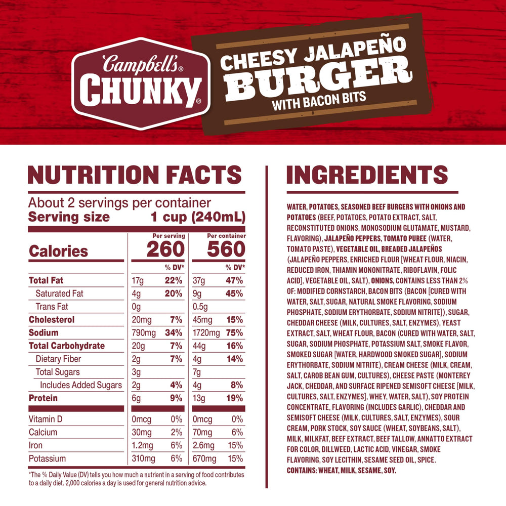 Campbell's Chunky Cheesy Jalapeño Burger with Bacon Bits soup can on display