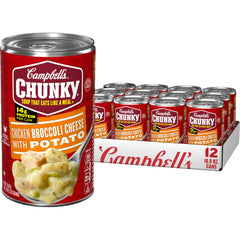 Campbell's Chunky Chicken Broccoli Cheese Soup can with big chicken pieces for a hearty meal.