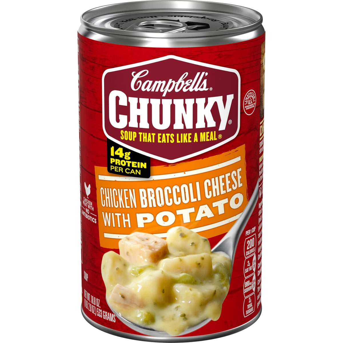 Campbell's Chunky Chicken Broccoli Cheese soup can front highlights big flavors.