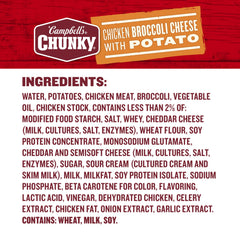 Campbell's Chunky Chicken Broccoli Cheese Soup microwave-ready being heated for a quick lunch.