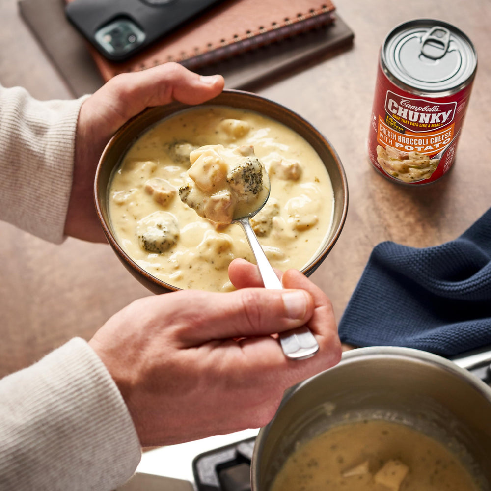 Campbell's Chunky Chicken Broccoli Cheese soup served in a bowl for a quick meal.