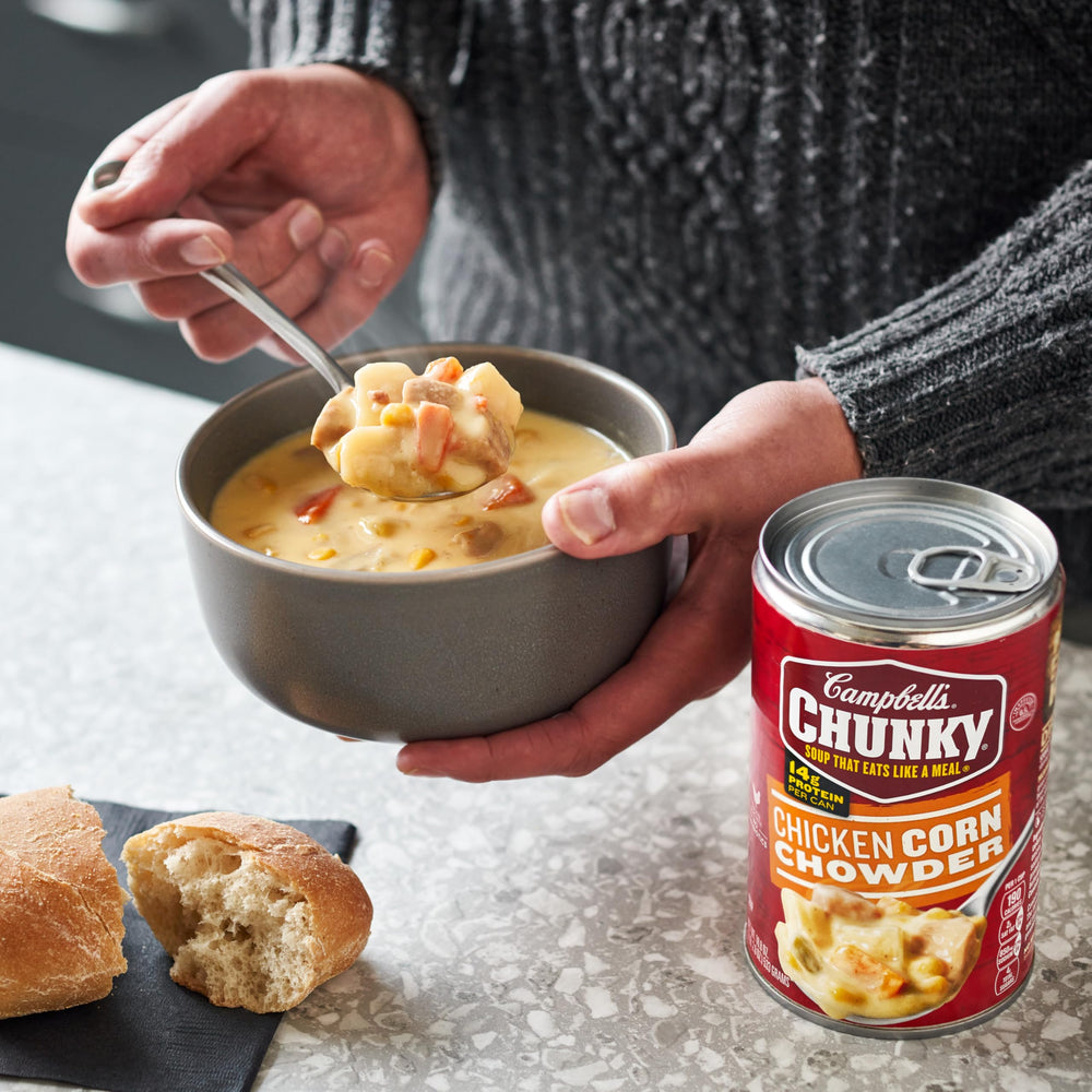 Campbell's Chunky Chicken Corn Chowder can outdoors, ideal for camping dinners.