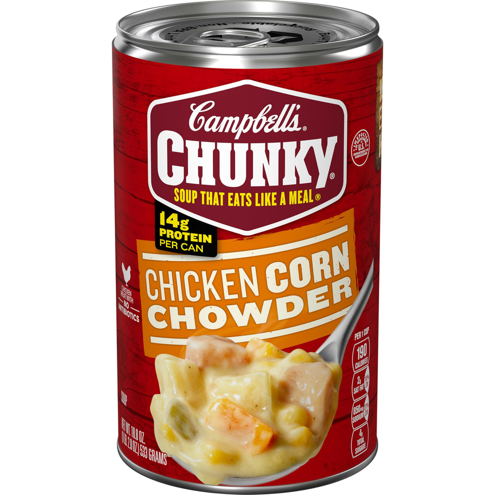 Campbell's Chunky Chicken Corn Chowder can front view, protein-packed meal for busy days.
