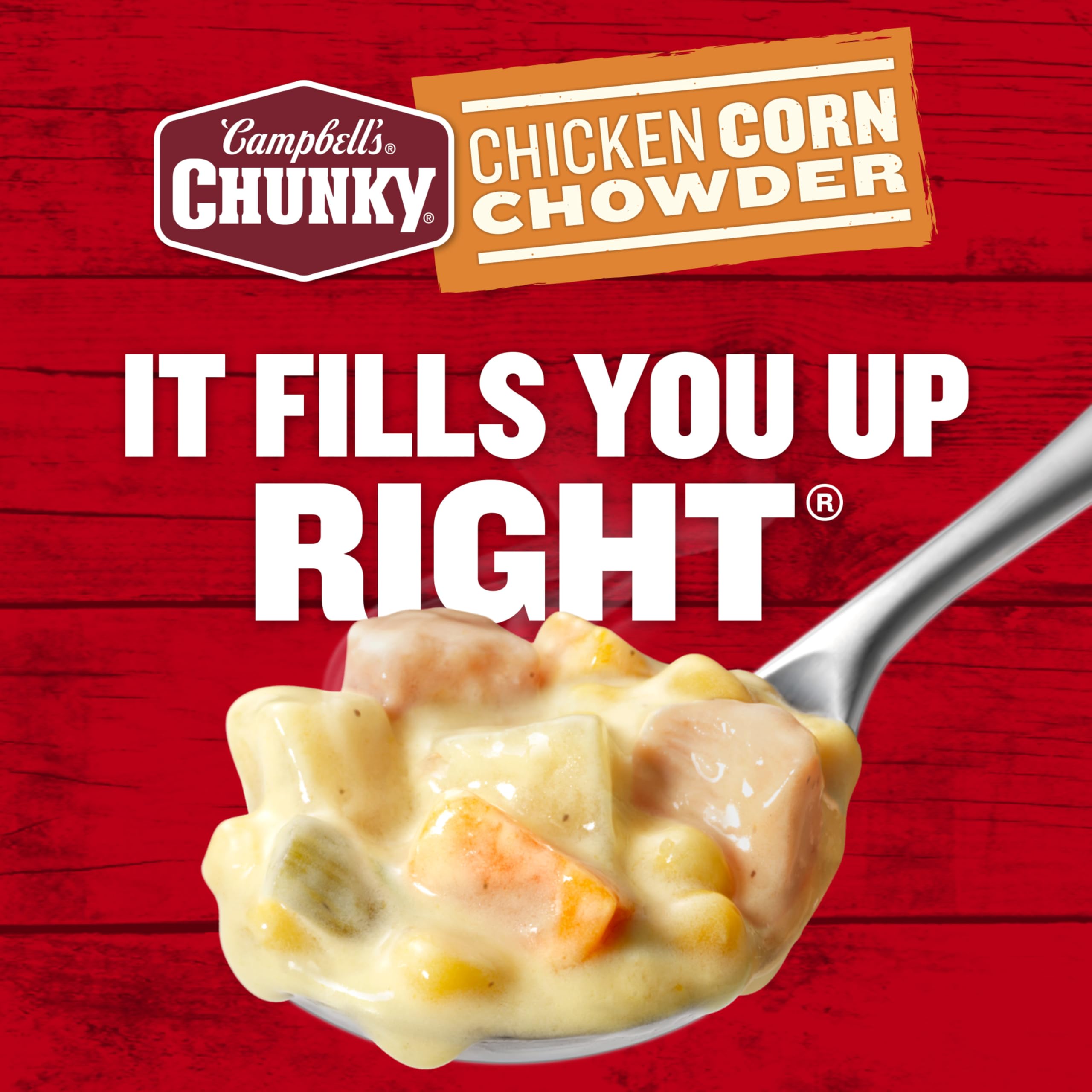 Campbell's Chunky Chicken Corn Chowder chicken chunks visible in the can.