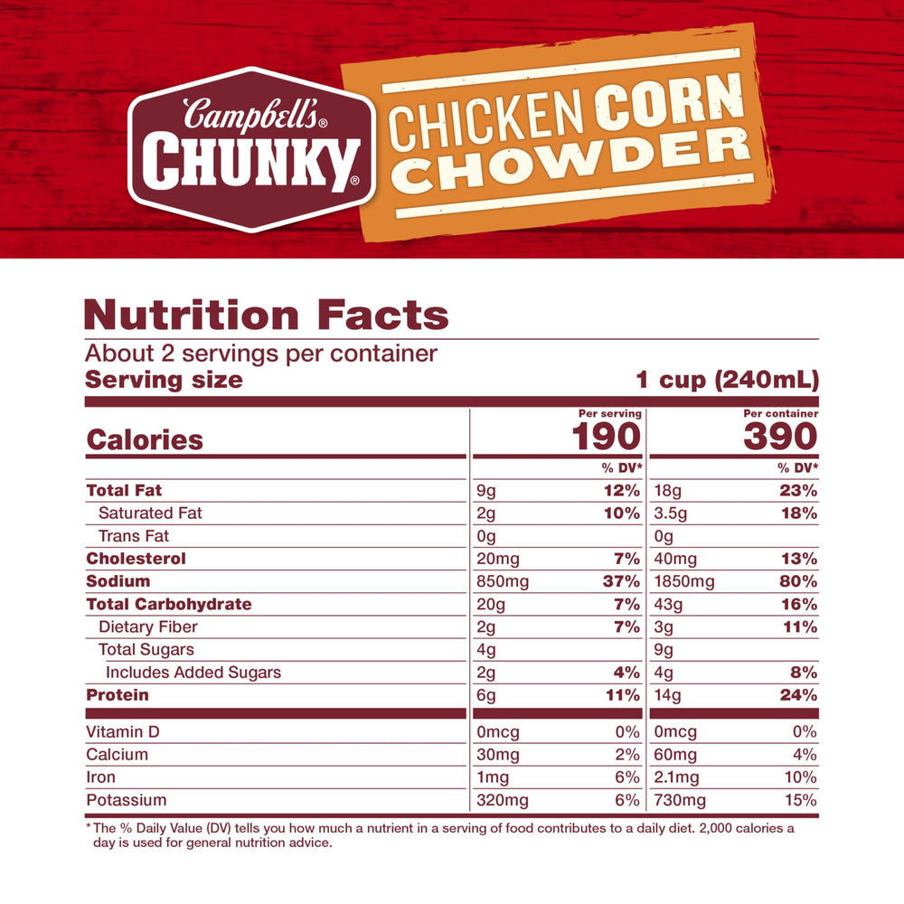 Campbell's Chunky Chicken Corn Chowder ingredients close-up with corn and vegetables.