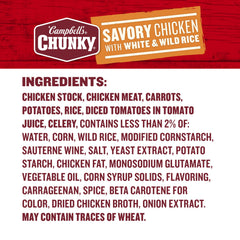 Chicken, rice, and vegetables in Campbell's Chunky Savory Chicken with white and wild rice