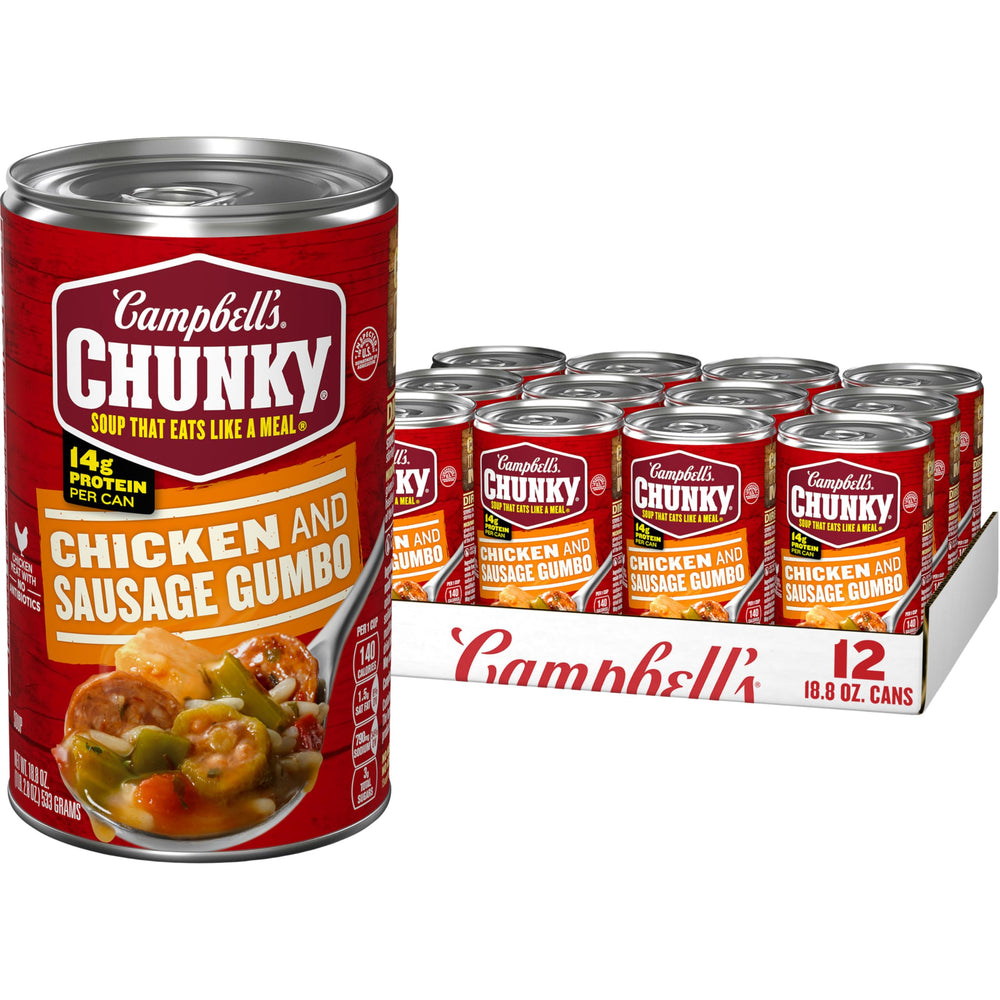 Campbell's Chunky Gumbo can label highlights bold ingredients for a hearty meal.
