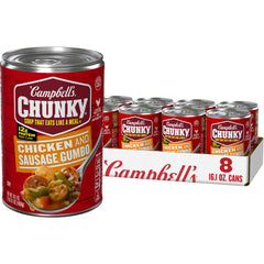 Campbell's Chunky Chicken and Sausage Gumbo can showing hearty protein and convenience.